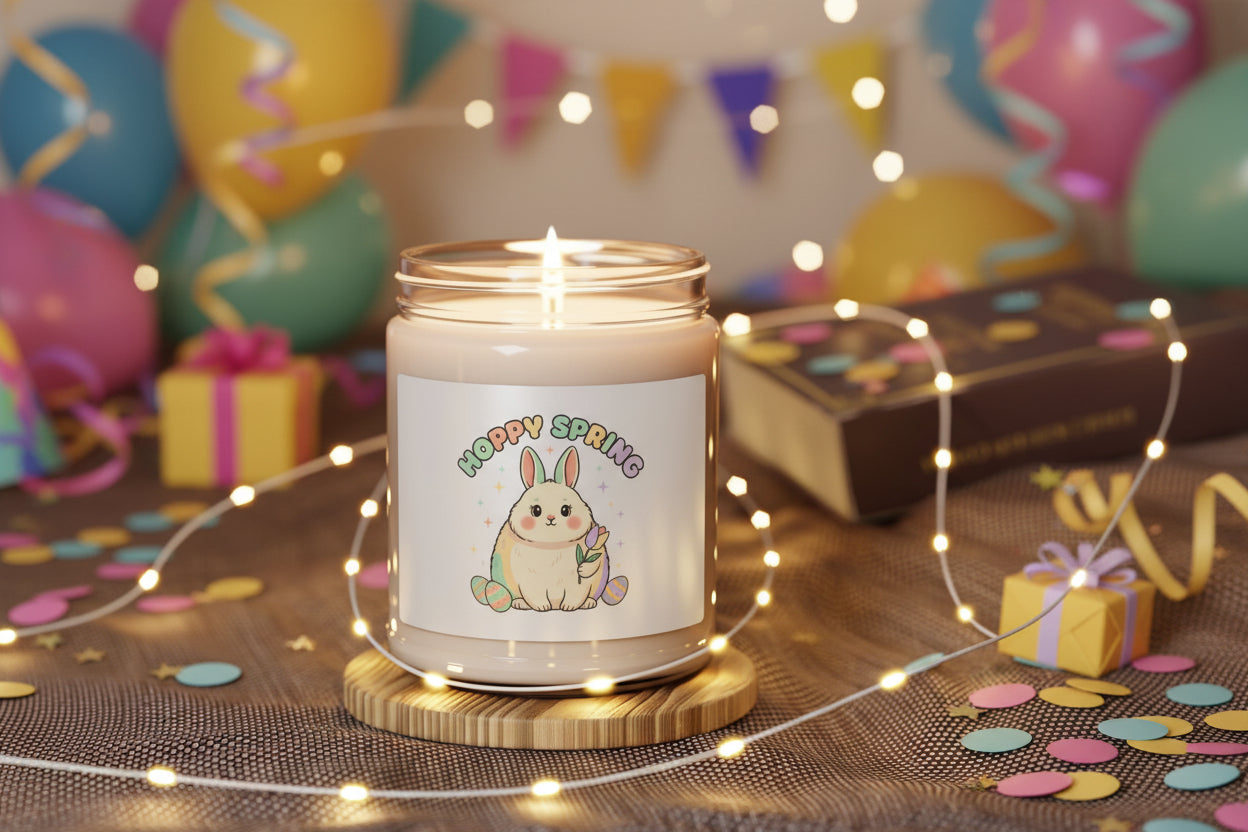 Candela soy Hoppy Spring Bunny accesa con palloncini coriandoli e luci decorative - AKYCO
