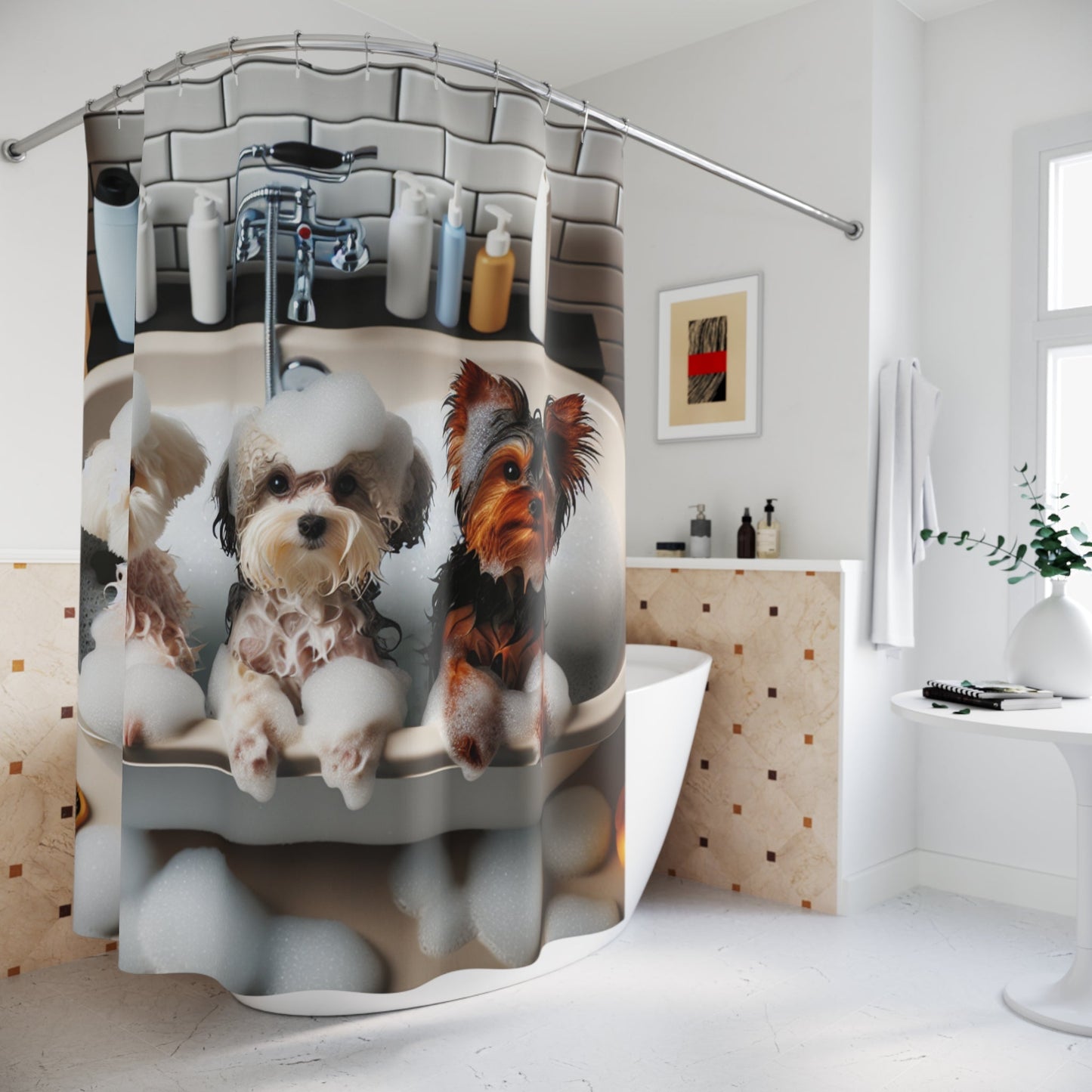 Tenda da Doccia con Adorabili Yorkshire Terrier, Maltese e Barboncino - Design Divertente per Amanti dei Cani - Aky & Co.