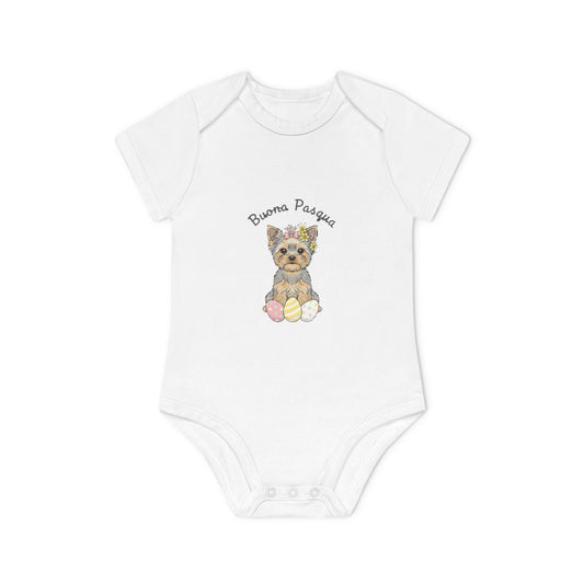Body Neonato Pasqua "Buona Pasqua" – Onesie Biologico Cucciolo Yorkshire | AKYCO