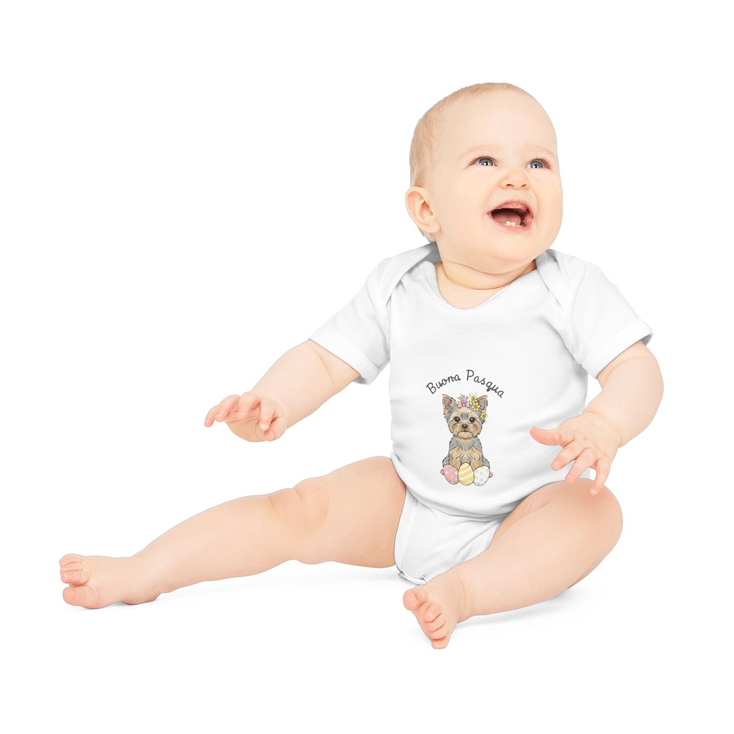 Easter Baby Bodysuit "Happy Easter" – Organic Yorkshire Puppy Onesie | AKYCO
