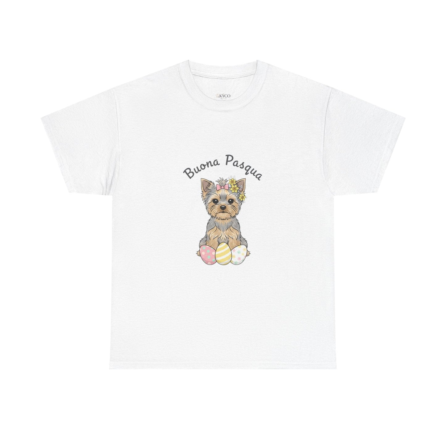 Yorkshire Terrier acquerello corona floreale uova Pasqua pastello – maglietta unisex bianca – AKYCO
