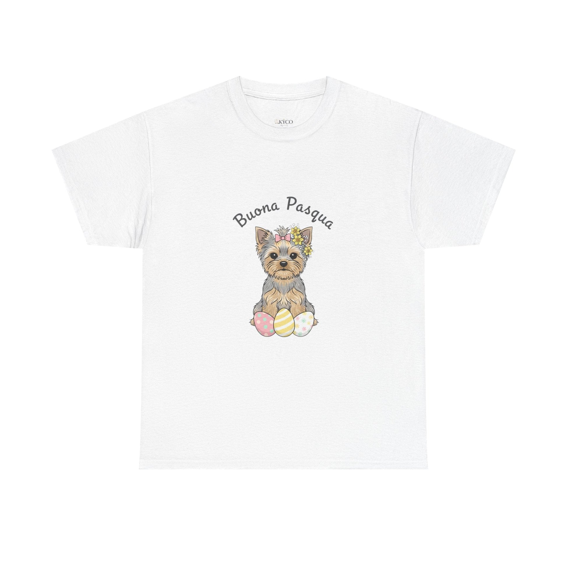 Yorkshire Terrier acquerello corona floreale uova Pasqua pastello – maglietta unisex bianca – AKYCO