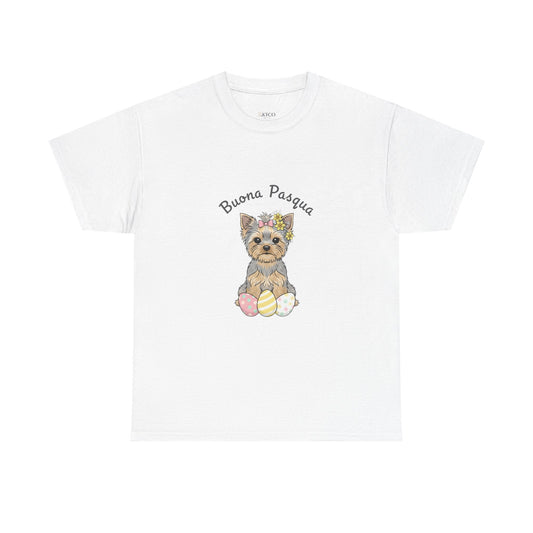 Yorkshire Terrier acquerello corona floreale uova Pasqua pastello – maglietta unisex bianca – AKYCO