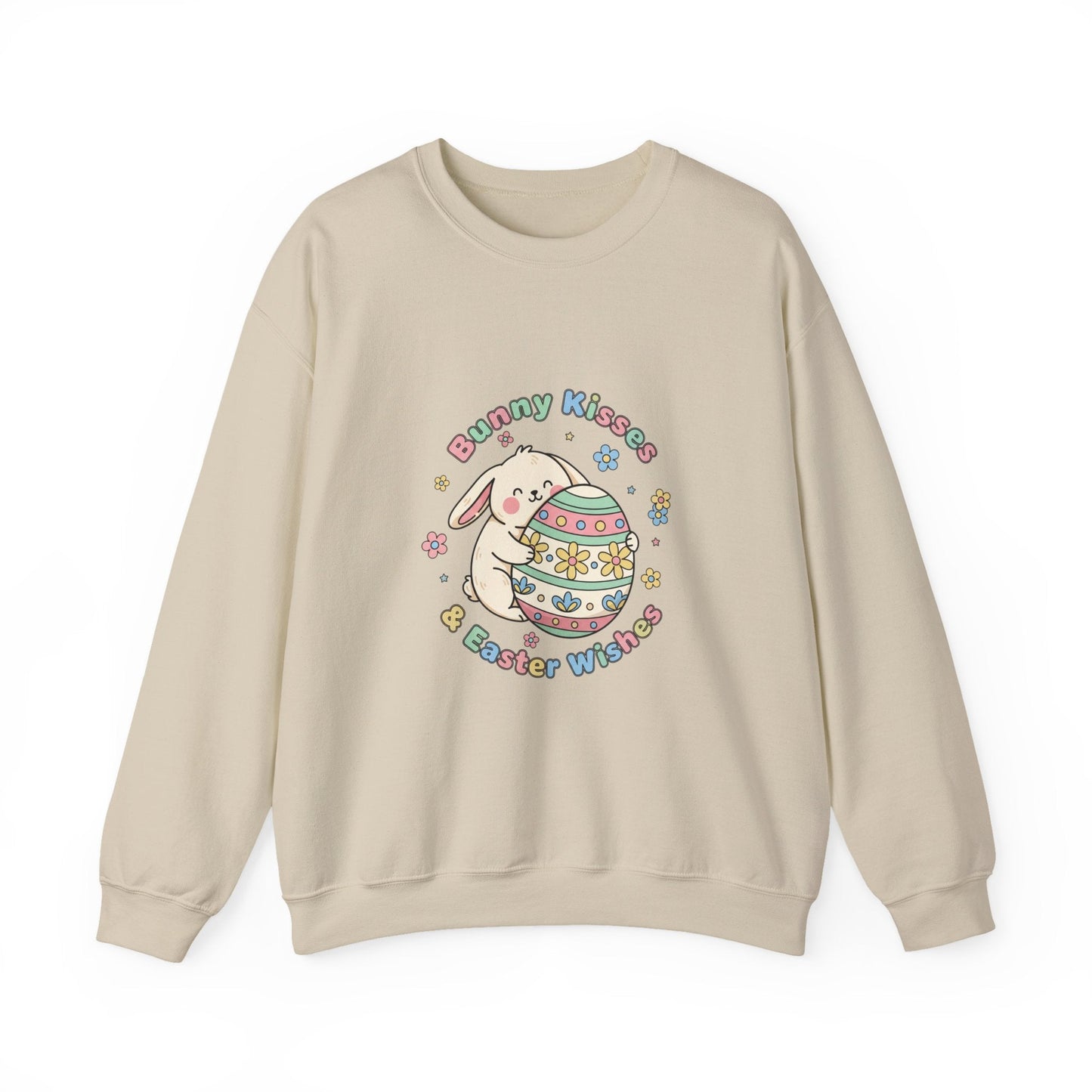 Felpa Bunny Kisses & Easter Wishes color sabbia/crema con coniglietti pastello, stile kawaii e cottagecore - AKYCO