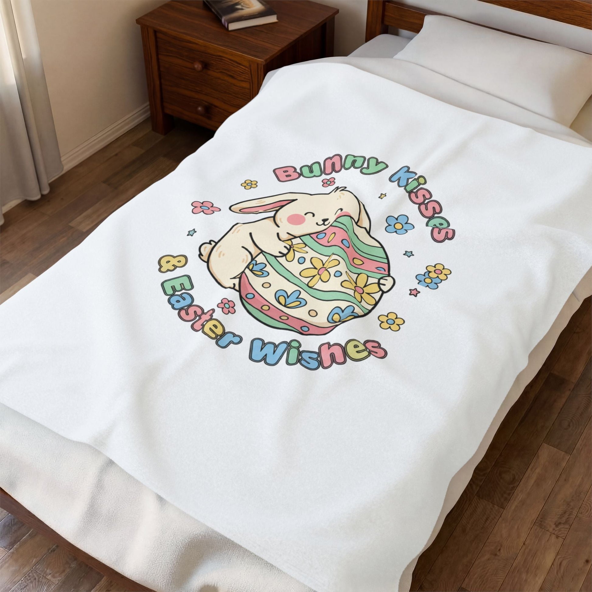 Bunny Kisses Easter Wishes Velveteen Blanket | pastel spring, bunny aesthetic - AKYCO