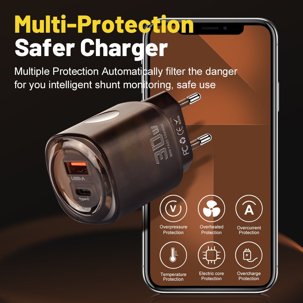 Caricatore da viaggio 30W USB + Type - C | Ricarica rapida per smartphone - Aky & Co.