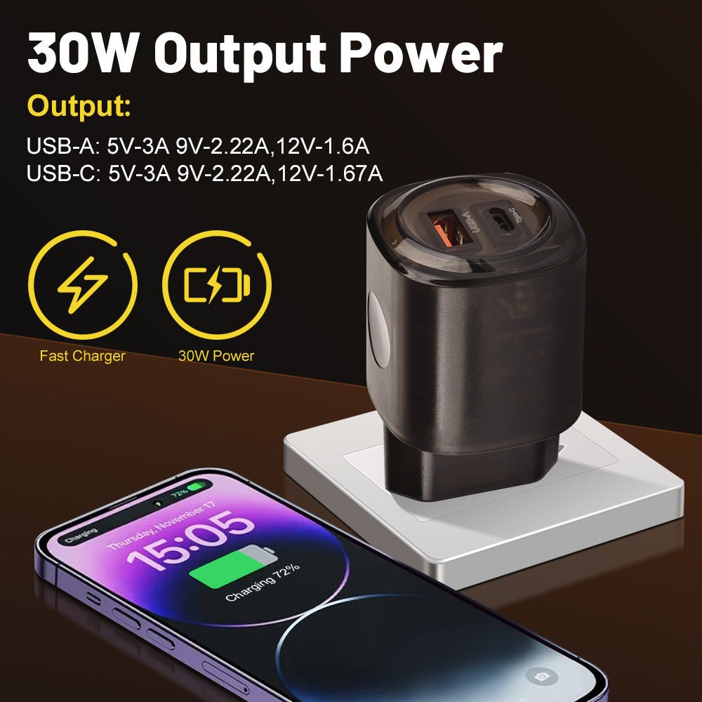 Caricatore da viaggio 30W USB + Type - C | Ricarica rapida per smartphone - Aky & Co.