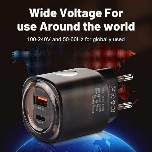 Caricatore da viaggio 30W USB + Type - C | Ricarica rapida per smartphone - Aky & Co.