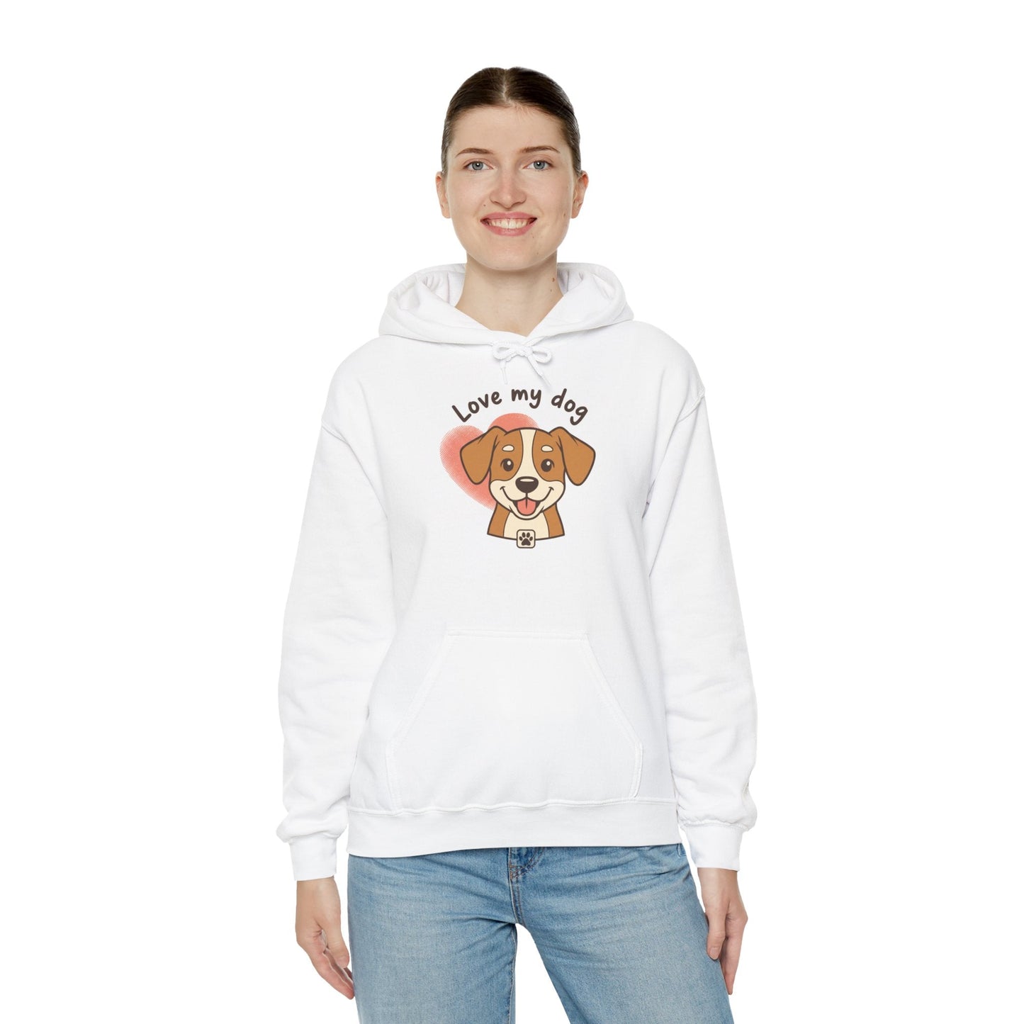 Dog Lover Hoodie – "Love My Dog" Cute Puppy Front + Colorful Paw Prints Back - AKYCO