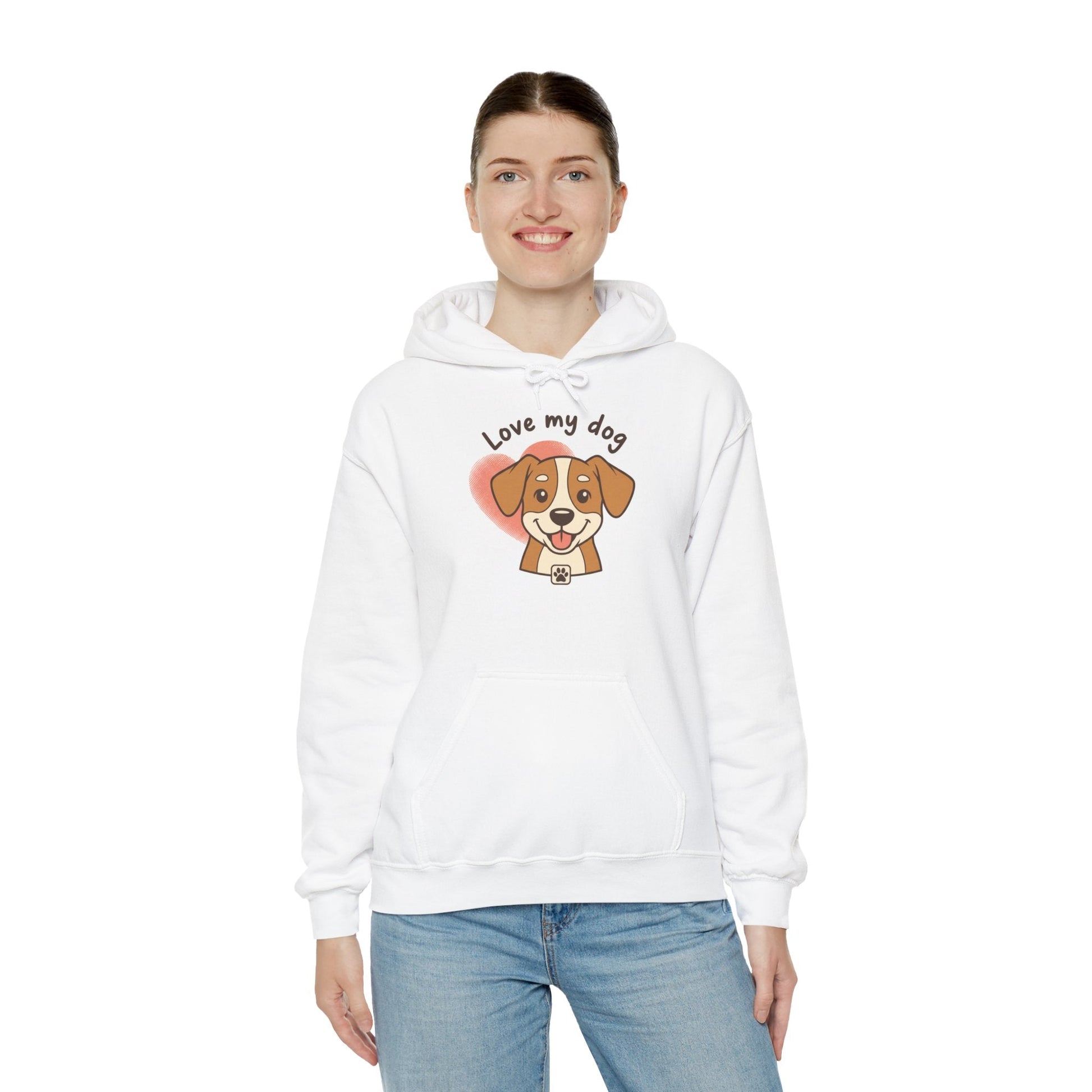 Dog Lover Hoodie – "Love My Dog" Cute Puppy Front + Colorful Paw Prints Back - AKYCO