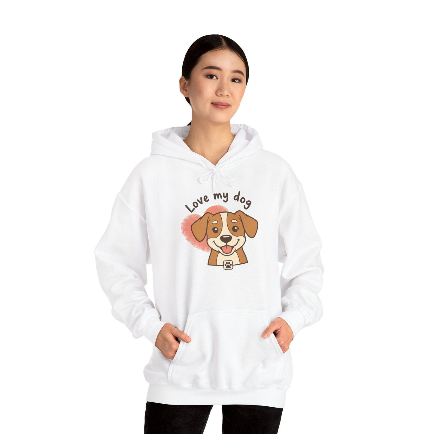 Dog Lover Hoodie – "Love My Dog" Cute Puppy Front + Colorful Paw Prints Back - AKYCO
