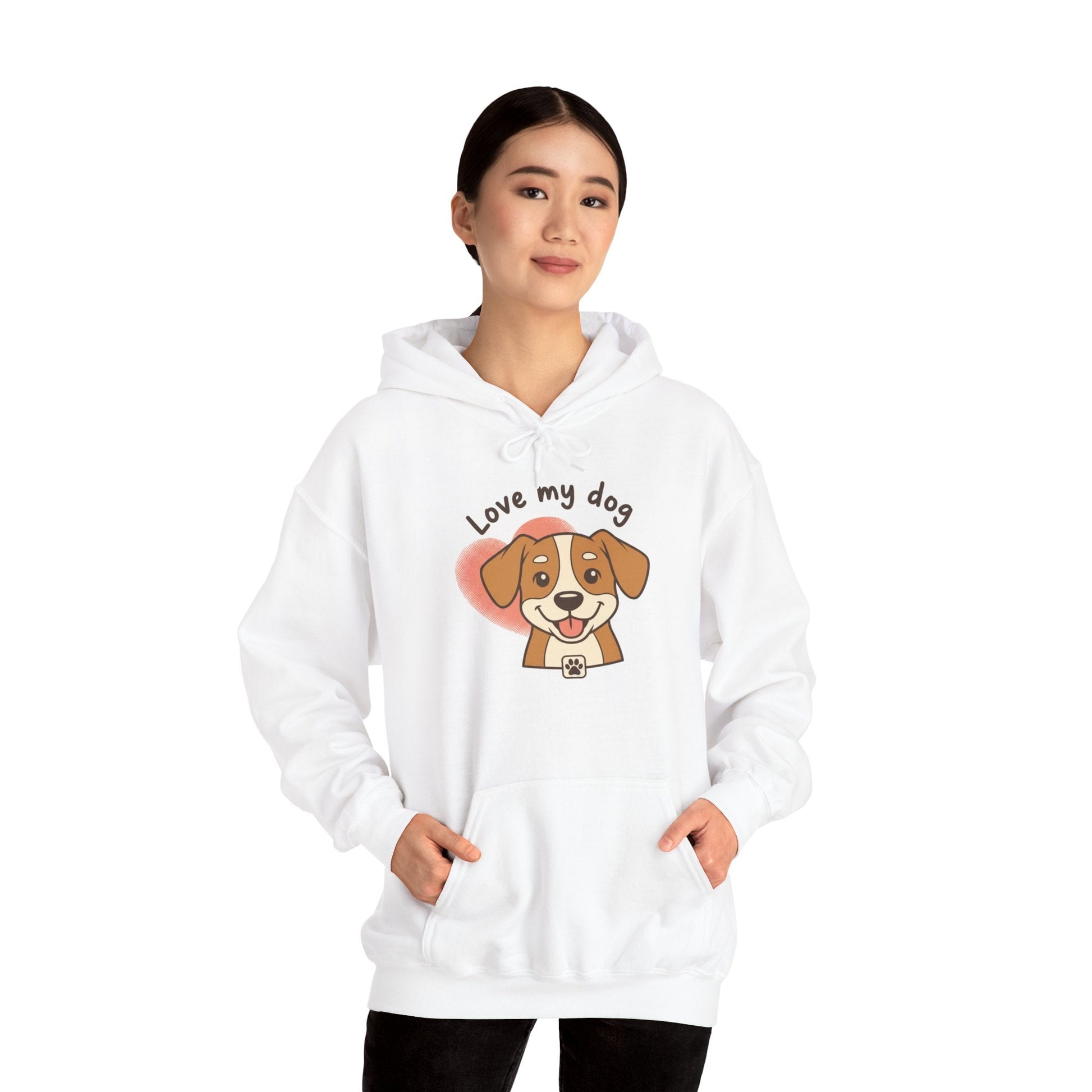 Dog Lover Hoodie – "Love My Dog" Cute Puppy Front + Colorful Paw Prints Back - AKYCO