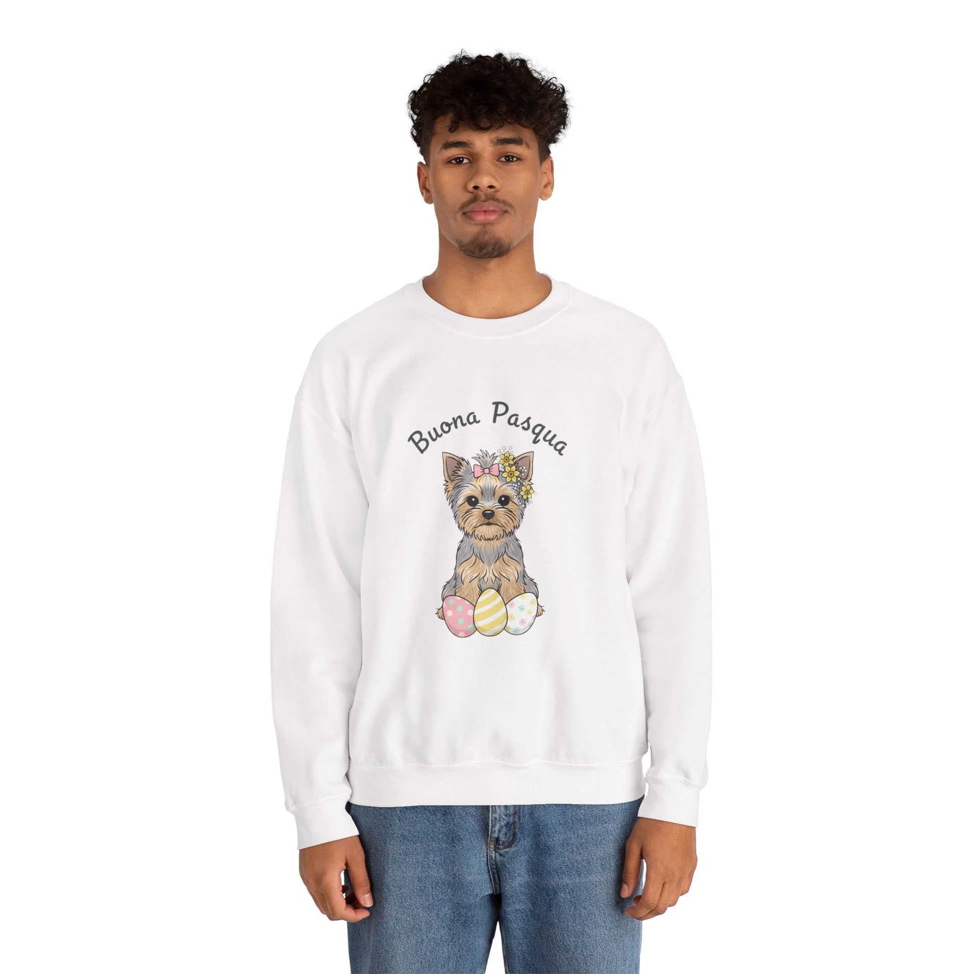 Easter Yorkie Sweatshirt – "Buona Pasqua" Cute Dog with Painted Eggs - AKYCO