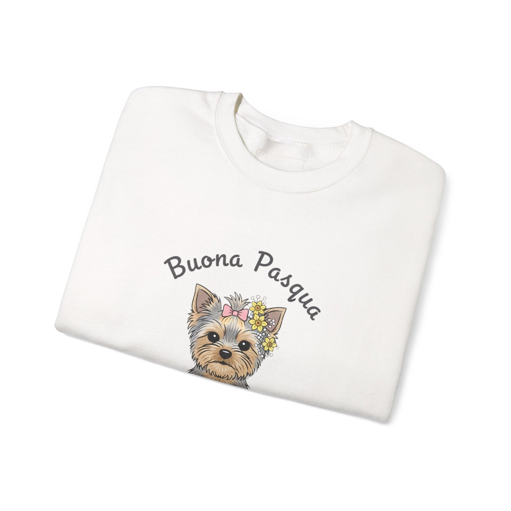Easter Yorkie Sweatshirt – "Buona Pasqua" Cute Dog with Painted Eggs - AKYCO