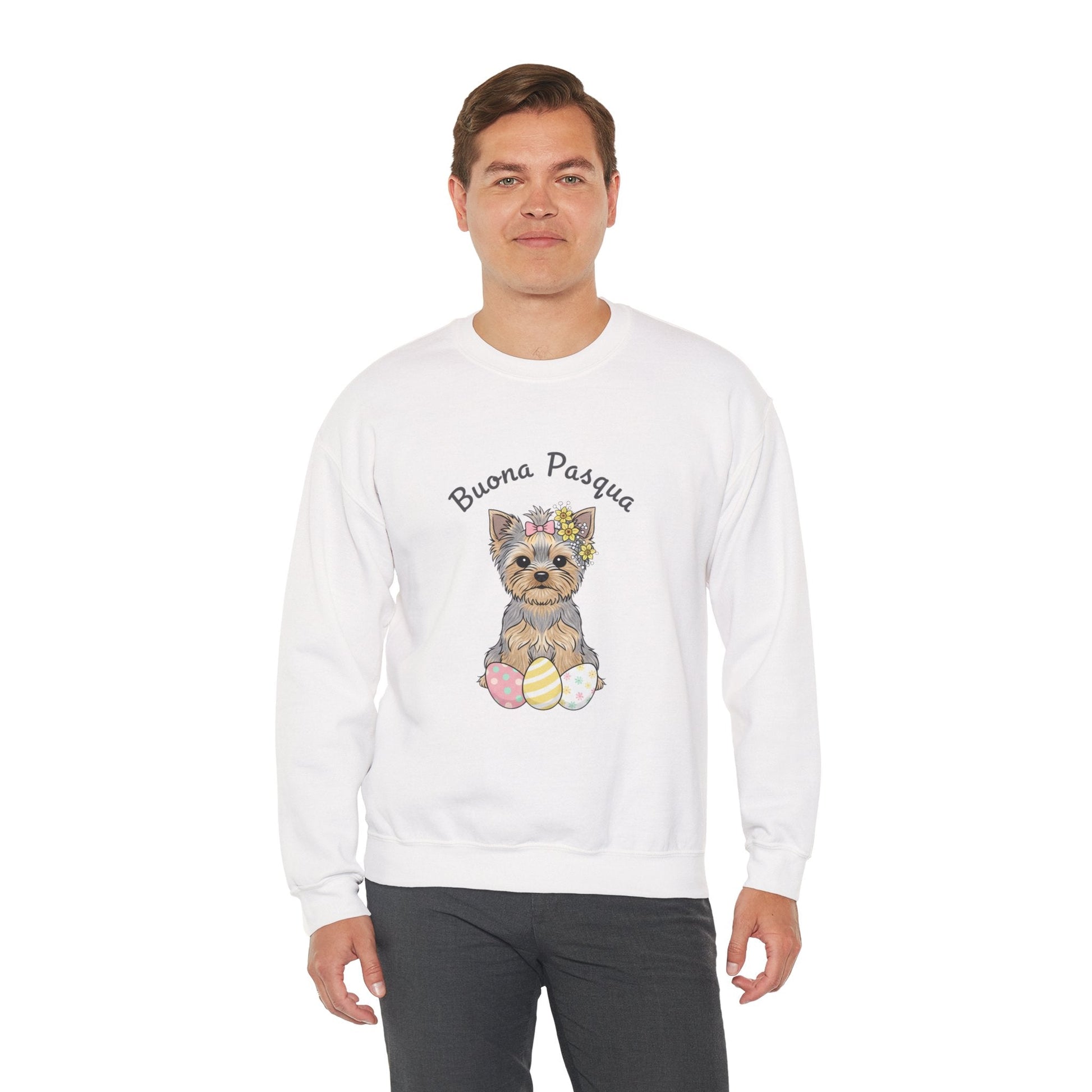 Easter Yorkie Sweatshirt – "Buona Pasqua" Cute Dog with Painted Eggs - AKYCO