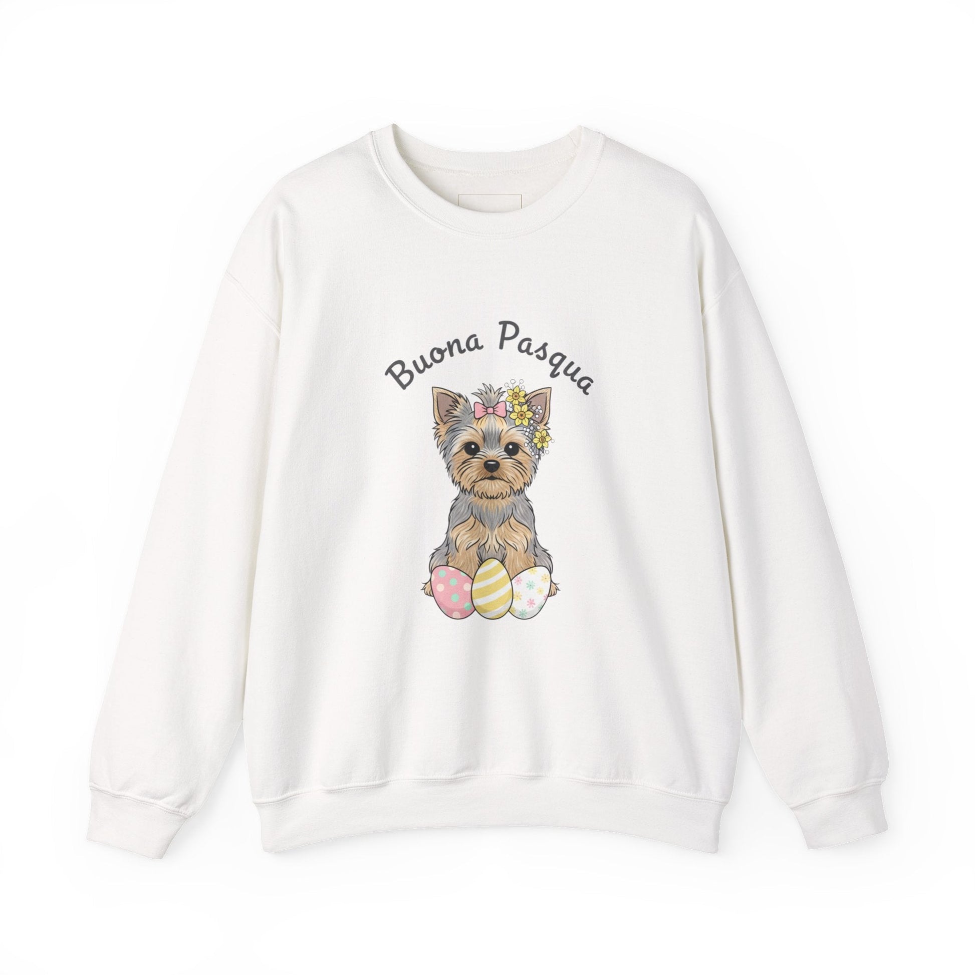 Easter Yorkie Sweatshirt – "Buona Pasqua" Cute Dog with Painted Eggs - AKYCO