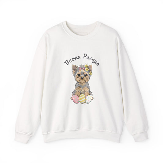 Easter Yorkie Sweatshirt – "Buona Pasqua" Cute Dog with Painted Eggs - AKYCO