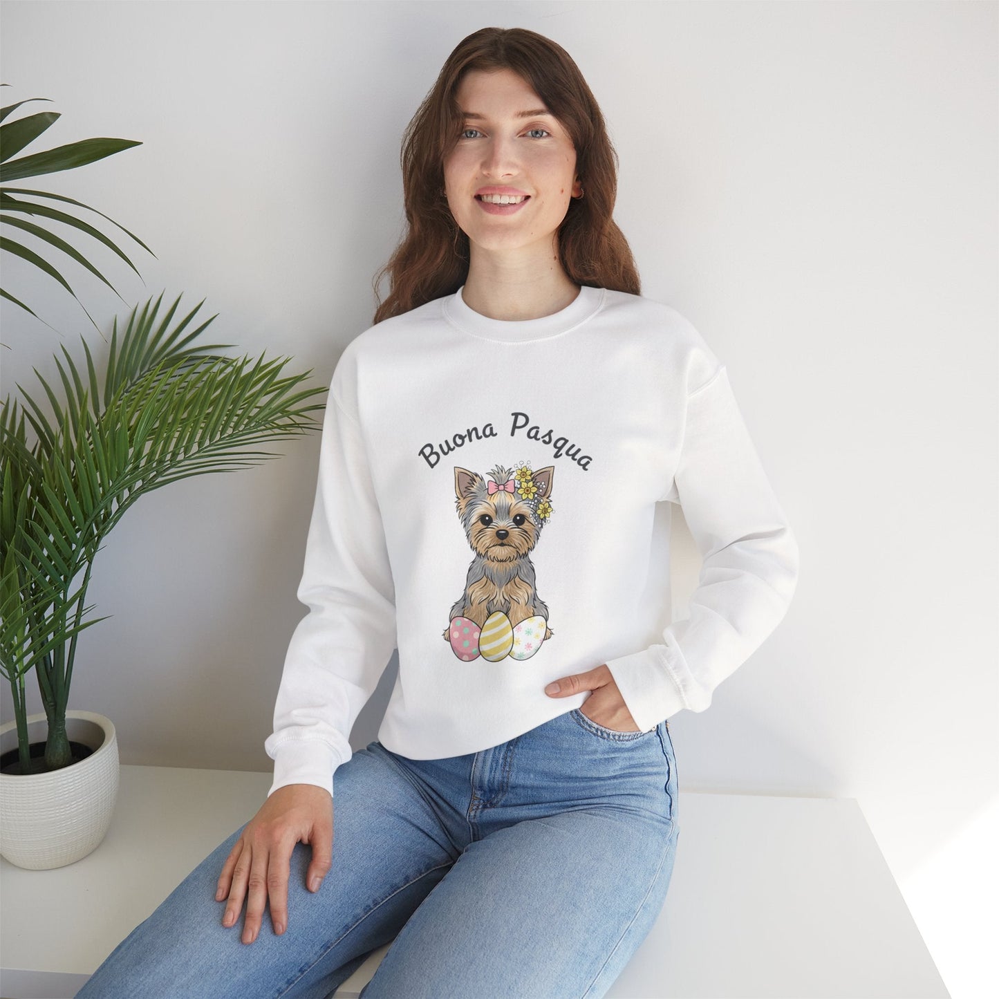 Easter Yorkie Sweatshirt – "Buona Pasqua" Cute Dog with Painted Eggs - AKYCO