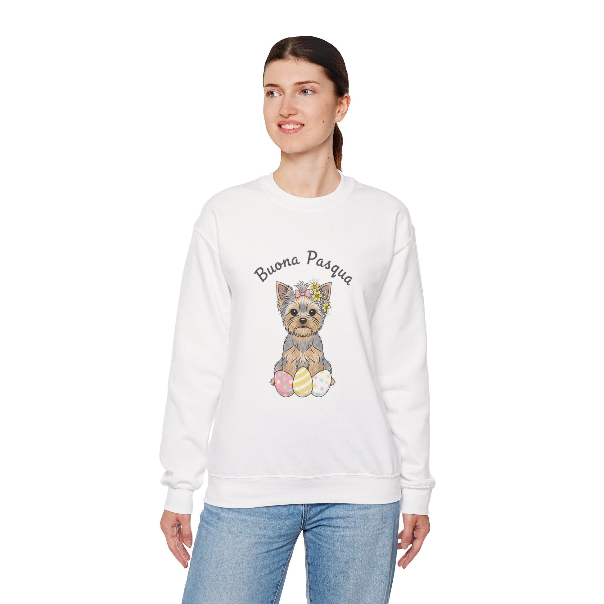 Easter Yorkie Sweatshirt – "Buona Pasqua" Cute Dog with Painted Eggs - AKYCO