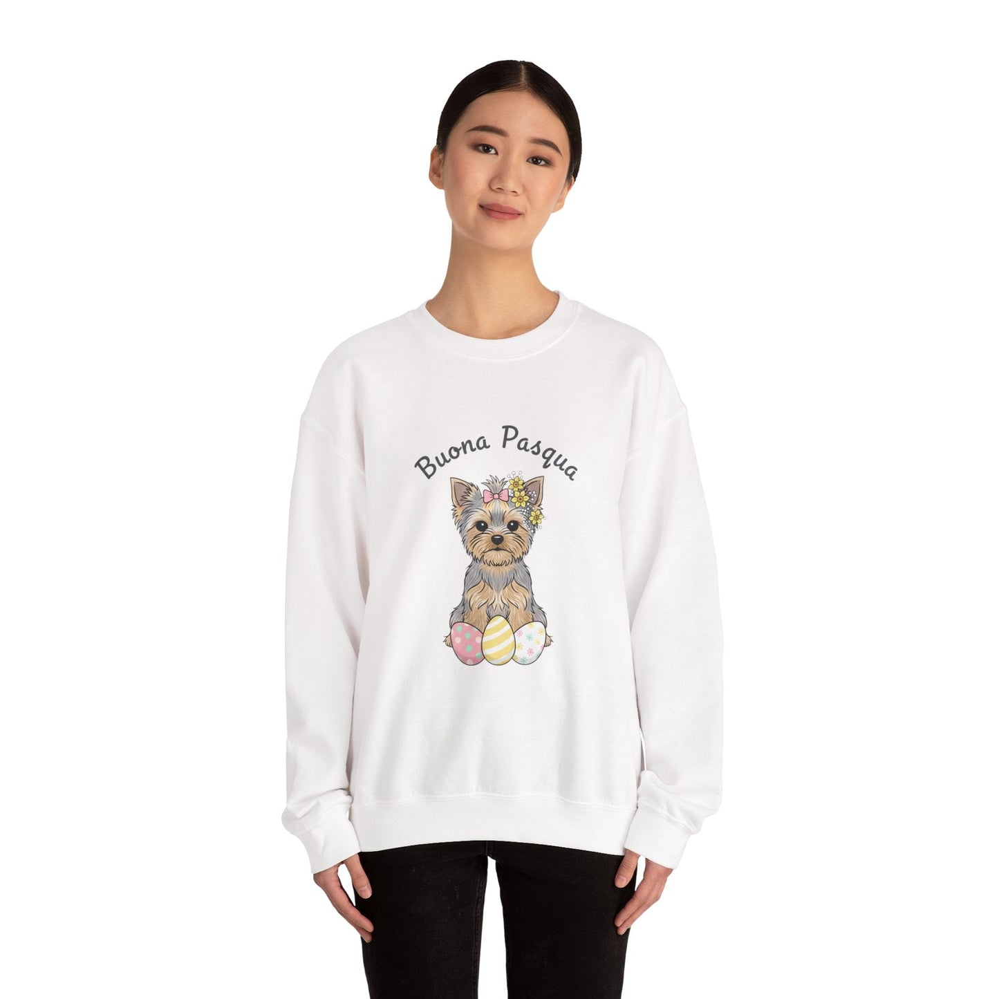Easter Yorkie Sweatshirt – "Buona Pasqua" Cute Dog with Painted Eggs - AKYCO