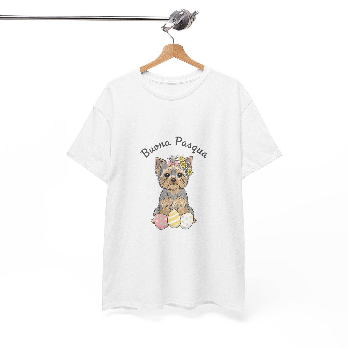 Easter Yorkie T‑Shirt – "Buona Pasqua" Puppy with Easter Eggs - AKYCO