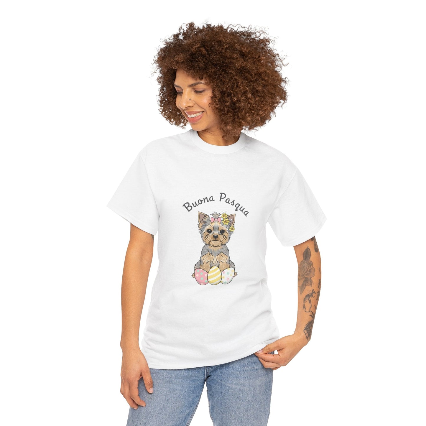 Easter Yorkie T‑Shirt – "Buona Pasqua" Puppy with Easter Eggs - AKYCO