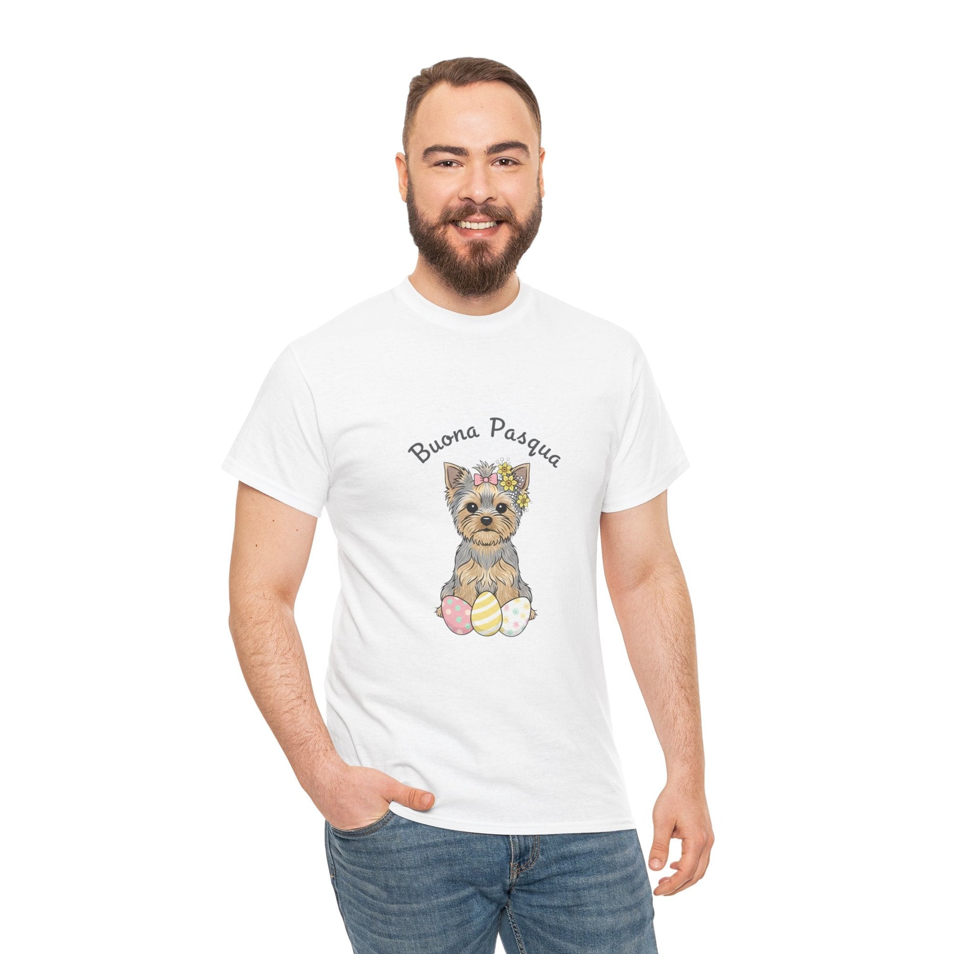 Easter Yorkie T‑Shirt – "Buona Pasqua" Puppy with Easter Eggs - AKYCO