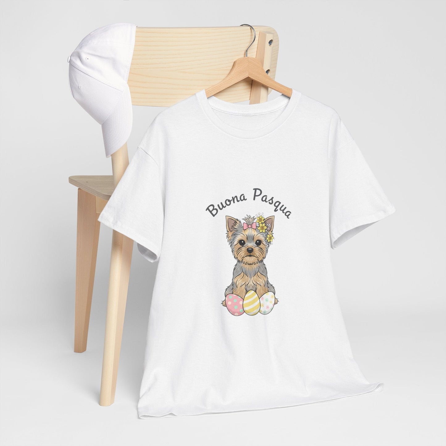Easter Yorkie T‑Shirt – "Buona Pasqua" Puppy with Easter Eggs - AKYCO