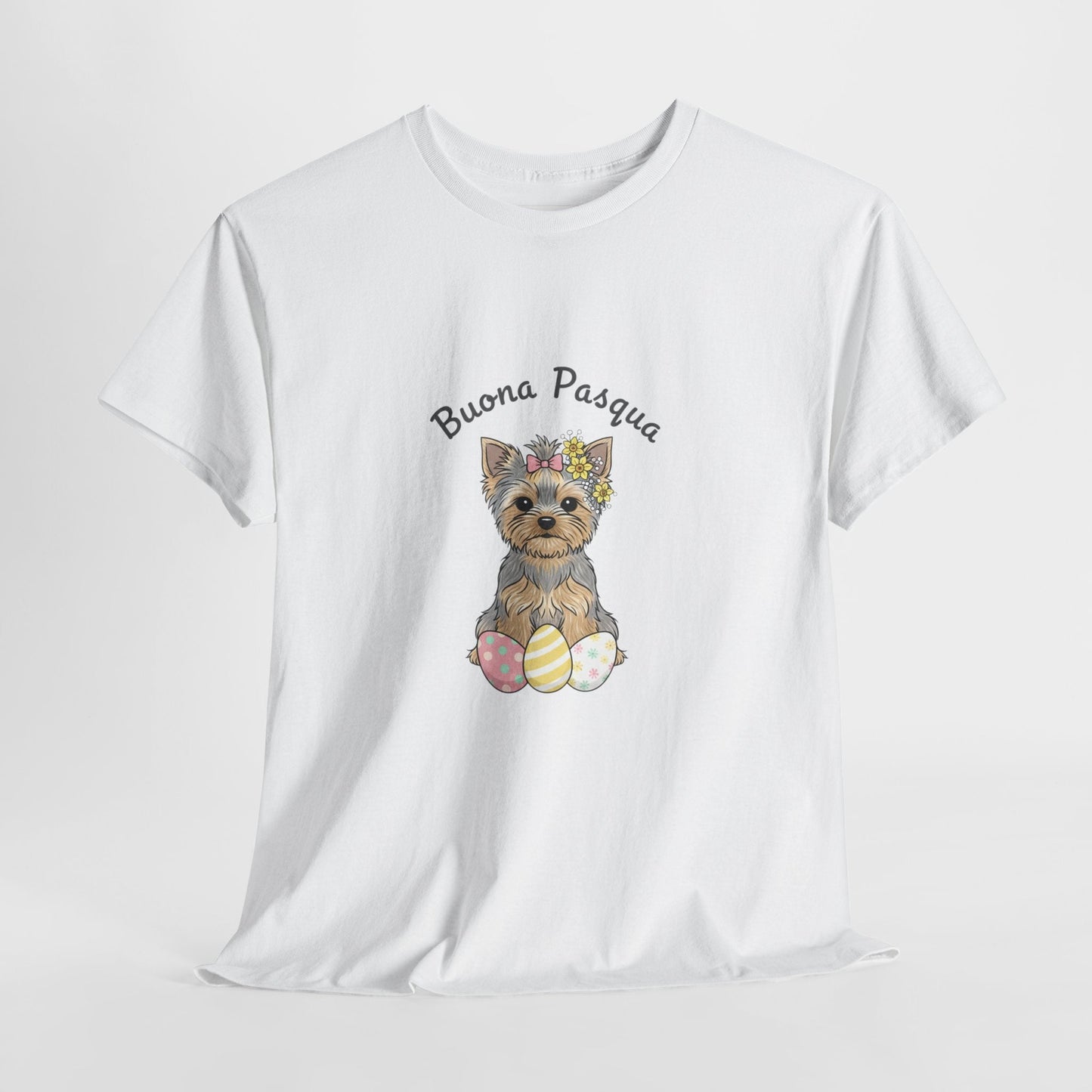 Easter Yorkie T‑Shirt – "Buona Pasqua" Puppy with Easter Eggs - AKYCO