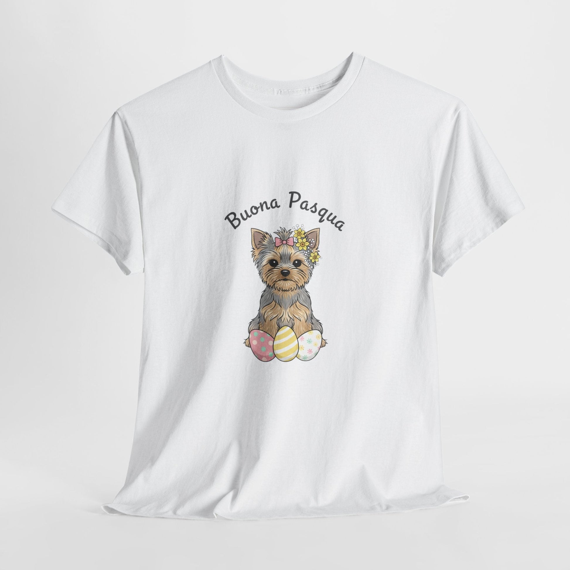 Easter Yorkie T‑Shirt – "Buona Pasqua" Puppy with Easter Eggs - AKYCO