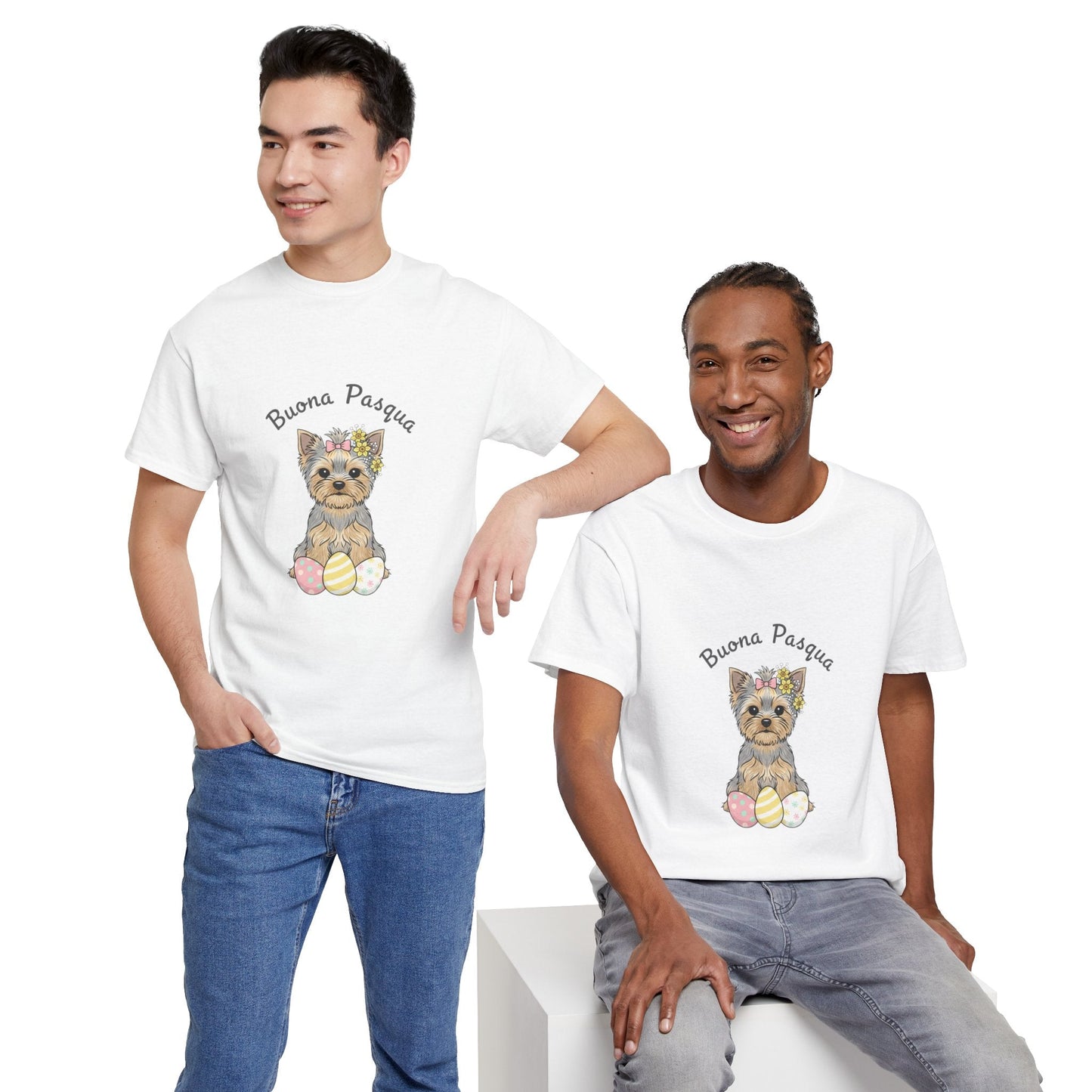 Easter Yorkie T‑Shirt – "Buona Pasqua" Puppy with Easter Eggs - AKYCO