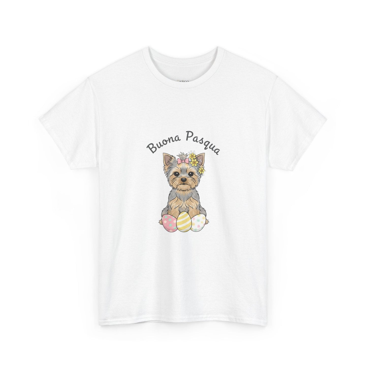 Easter Yorkie T‑Shirt – "Buona Pasqua" Puppy with Easter Eggs - AKYCO