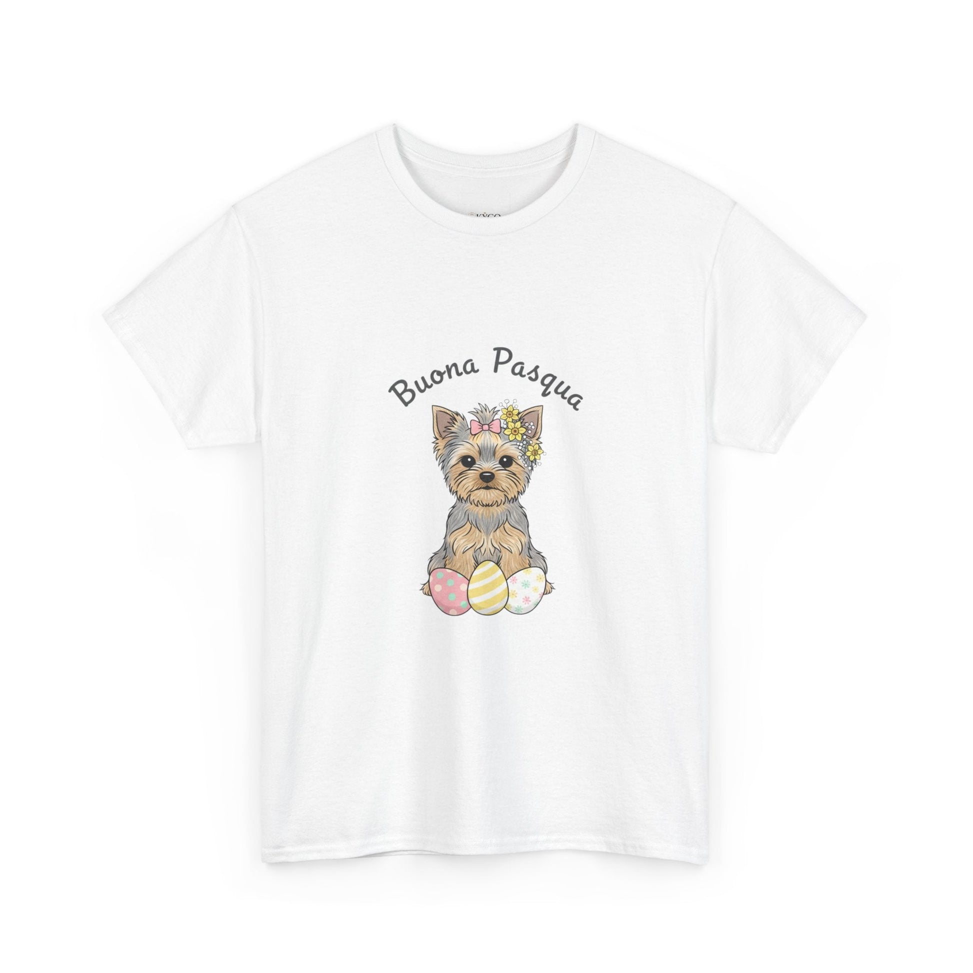 Easter Yorkie T‑Shirt – "Buona Pasqua" Puppy with Easter Eggs - AKYCO