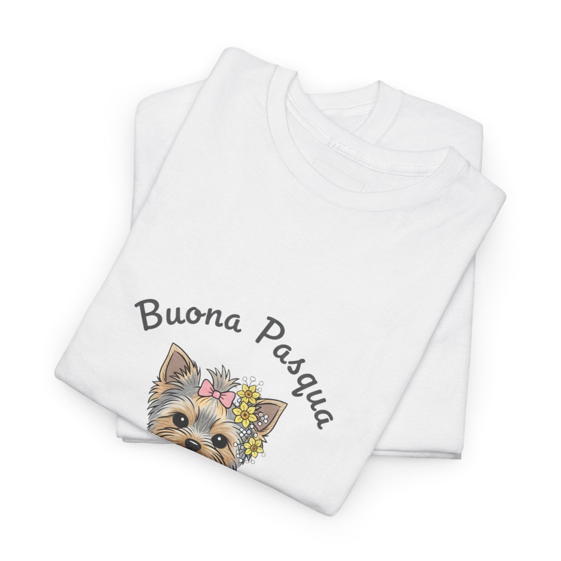 Easter Yorkie T‑Shirt – "Buona Pasqua" Puppy with Easter Eggs - AKYCO