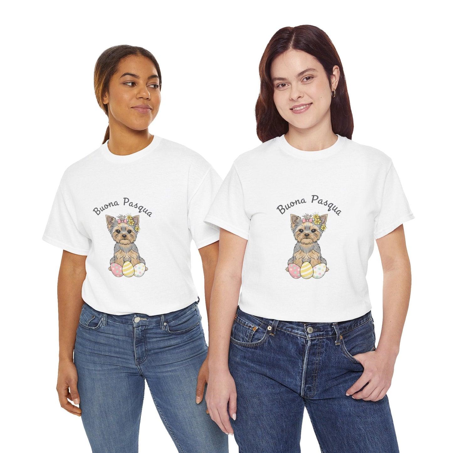Easter Yorkie T‑Shirt – "Buona Pasqua" Puppy with Easter Eggs - AKYCO