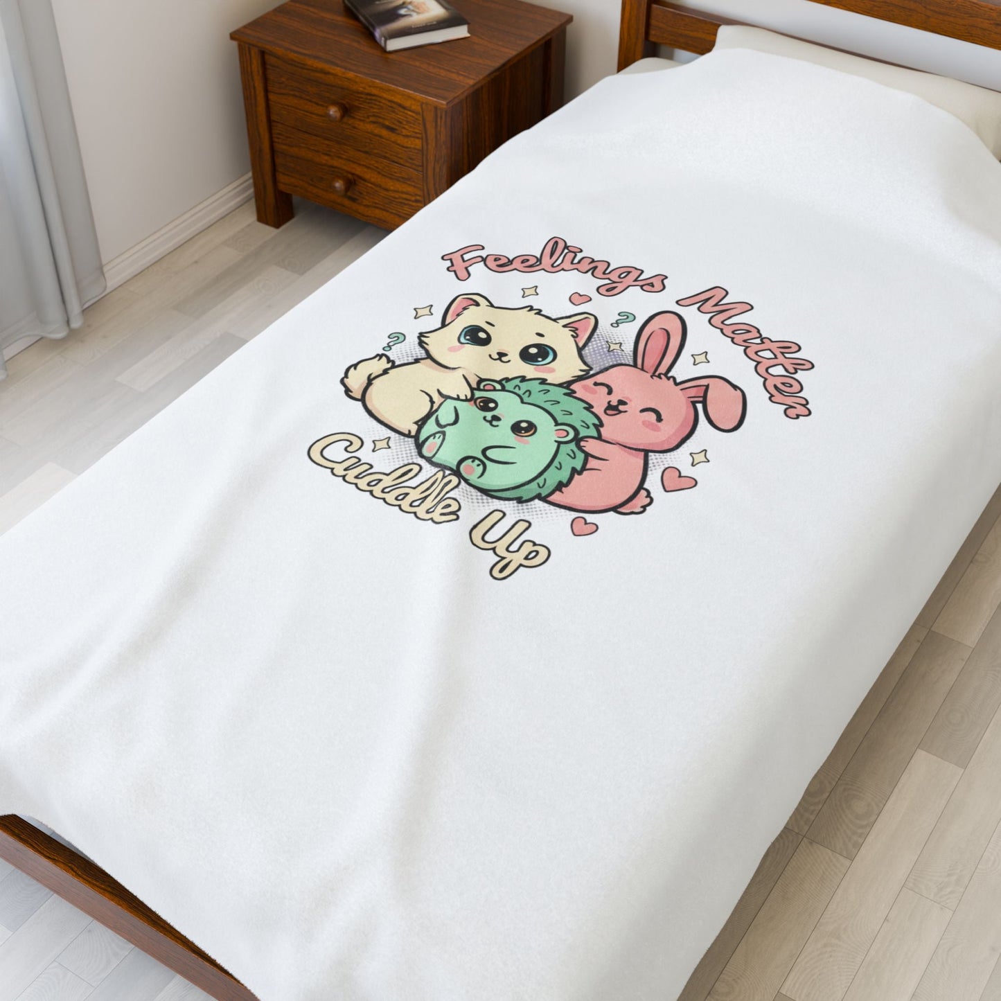 Feelings Matter Cuddle Up plush blanket | kawaii sad animal, tiny creature art - AKYCO