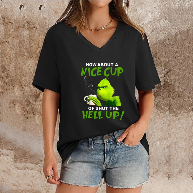 Maglietta natalizia da donna con scollo a V, manica corta, colore puro - AKYCO