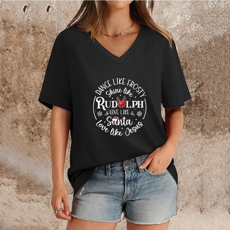 Maglietta natalizia da donna con scollo a V, manica corta, colore puro - AKYCO