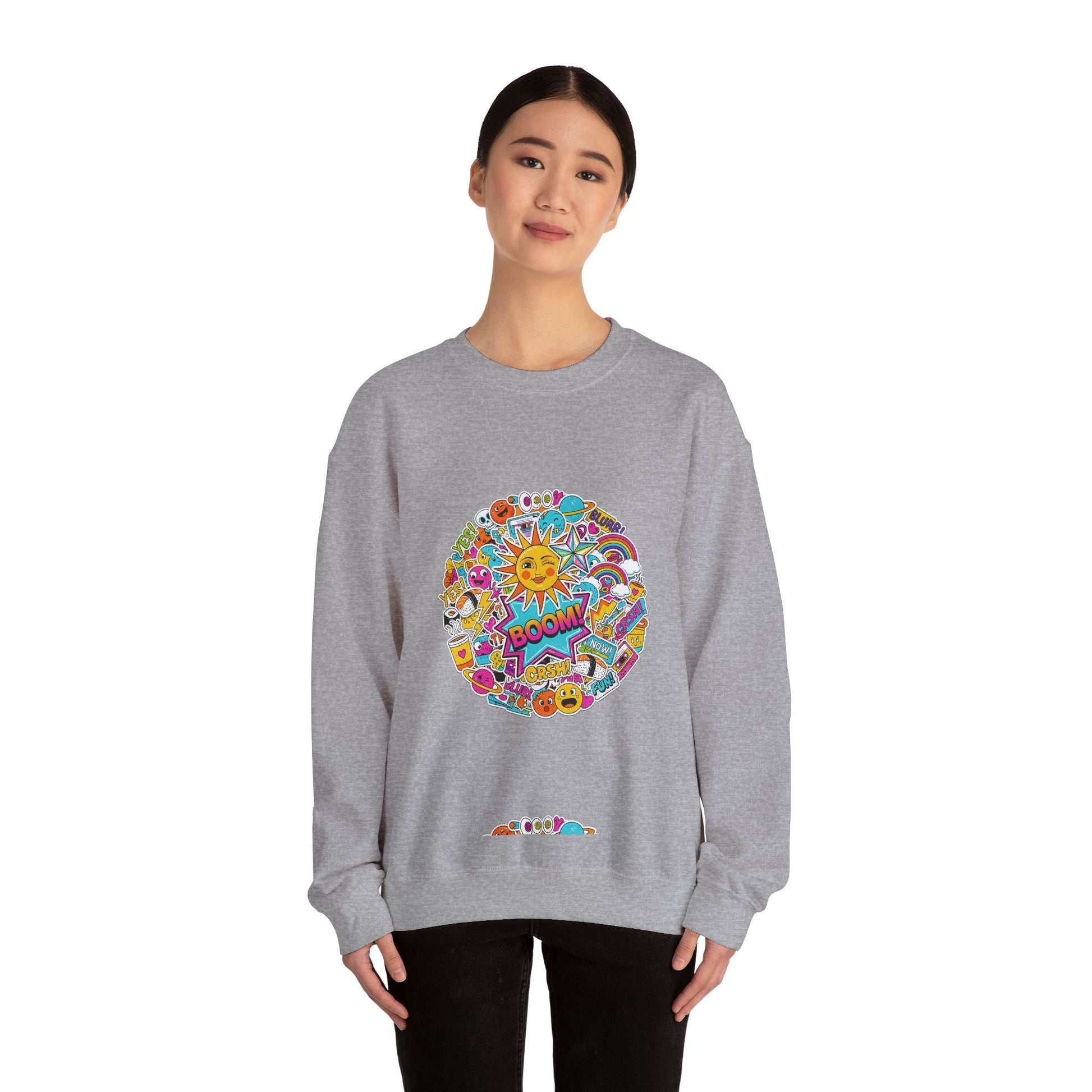 Sticker Bomb Sun Collage Crewneck Sweatshirt | collage art, graphic doodles - AKYCO