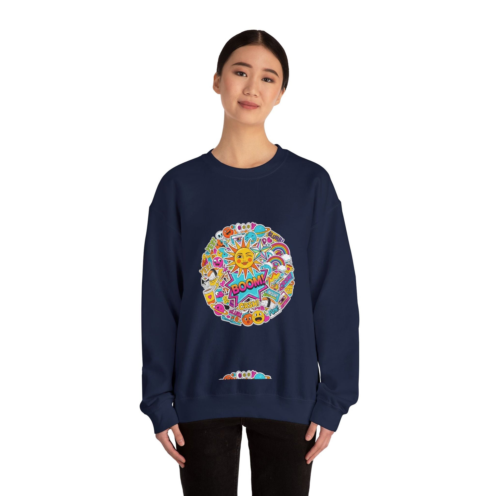 Sticker Bomb Sun Collage Crewneck Sweatshirt | collage art, graphic doodles - AKYCO