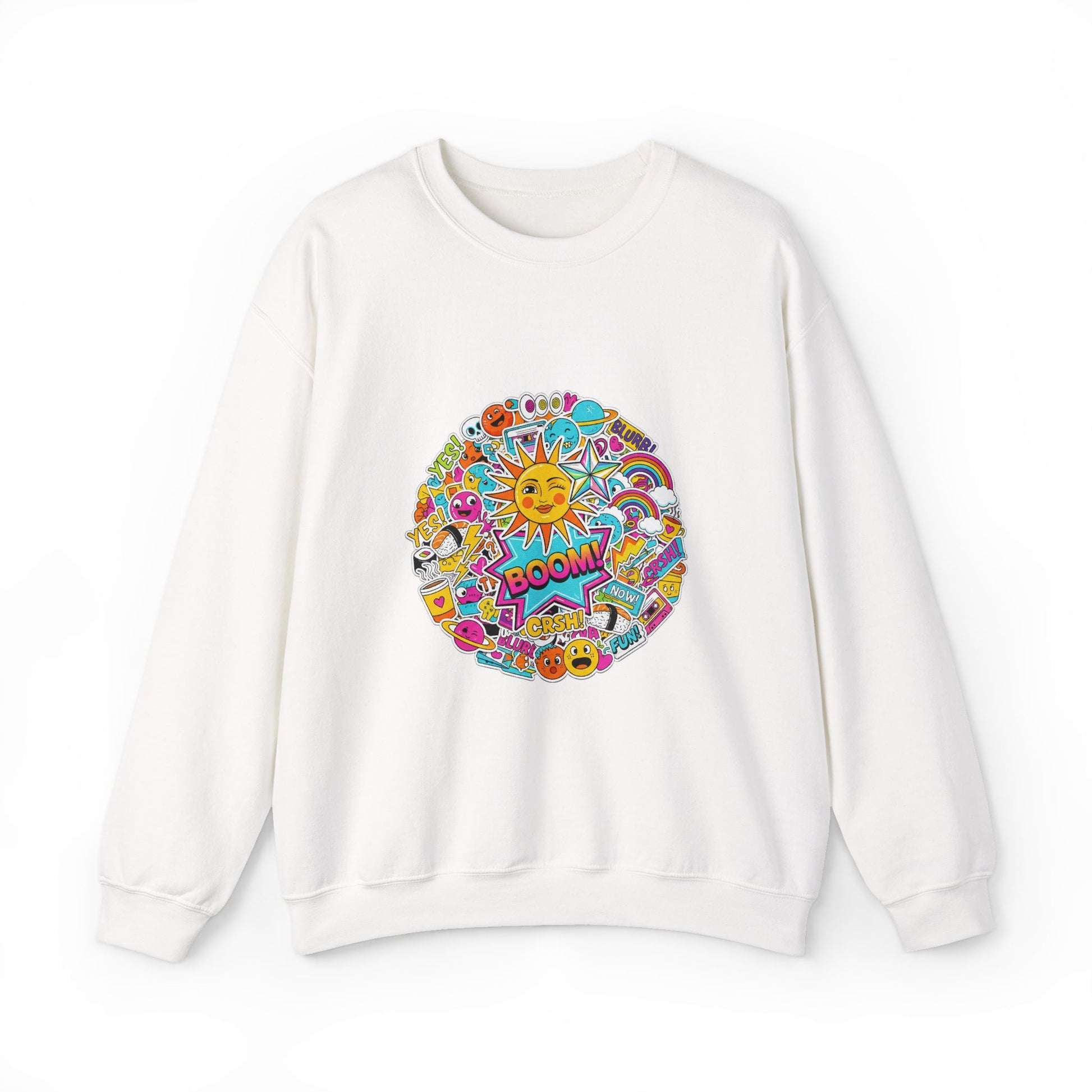 Sticker Bomb Sun Collage Crewneck Sweatshirt | collage art, graphic doodles - AKYCO
