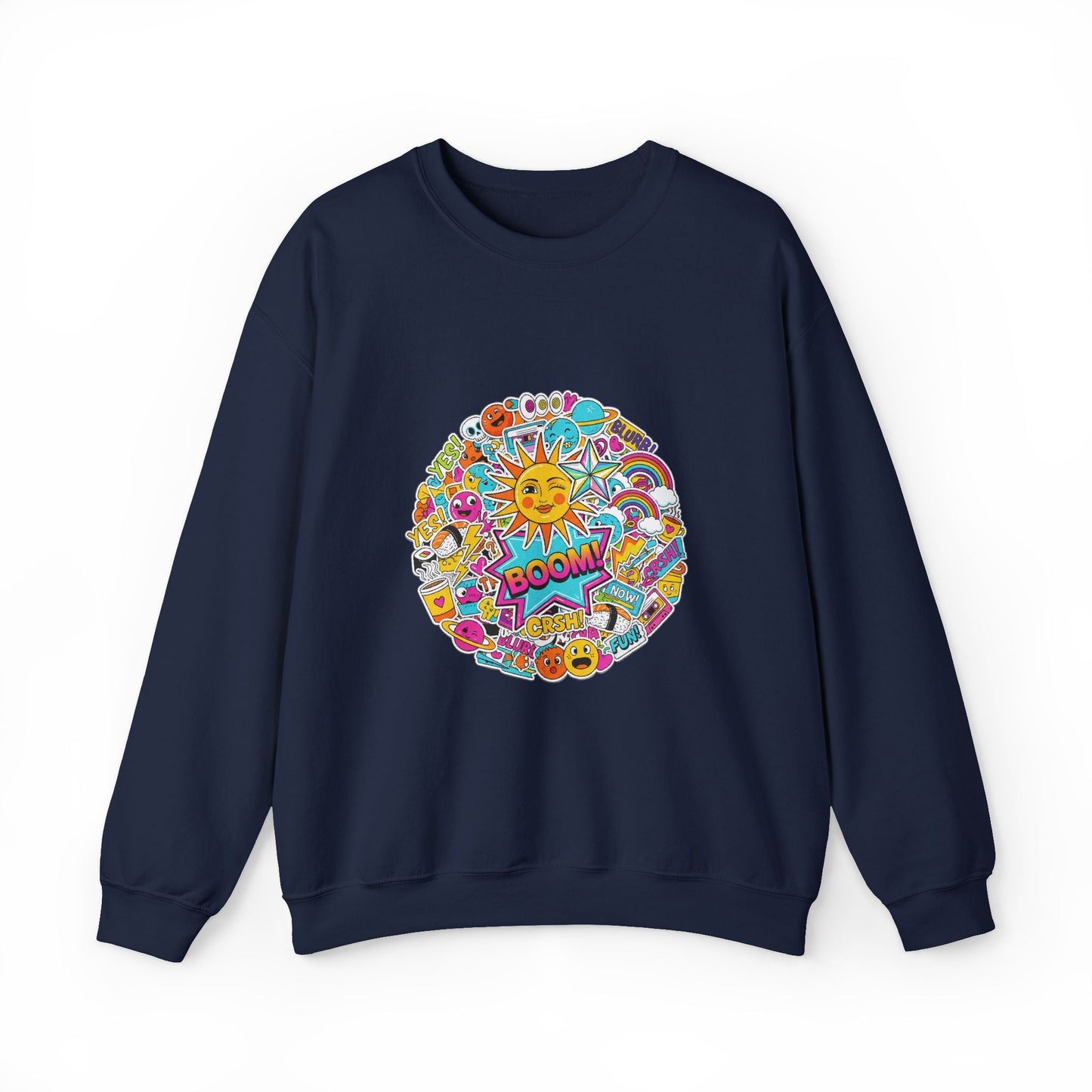 Sticker Bomb Sun Collage Crewneck Sweatshirt | collage art, graphic doodles - AKYCO