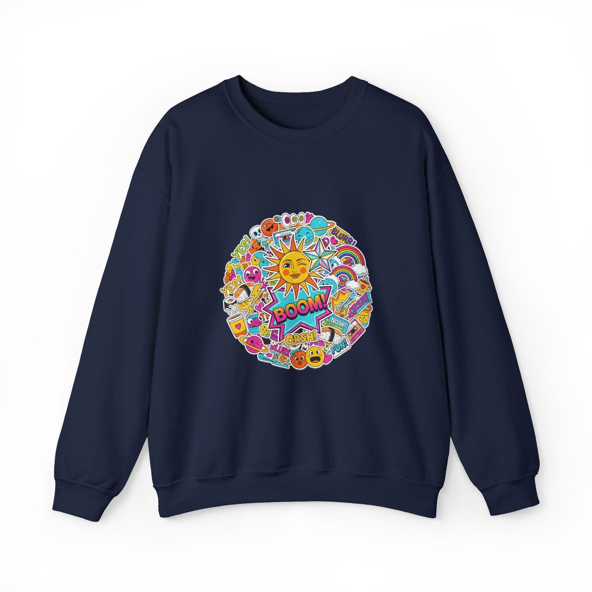 Sticker Bomb Sun Collage Crewneck Sweatshirt | collage art, graphic doodles - AKYCO