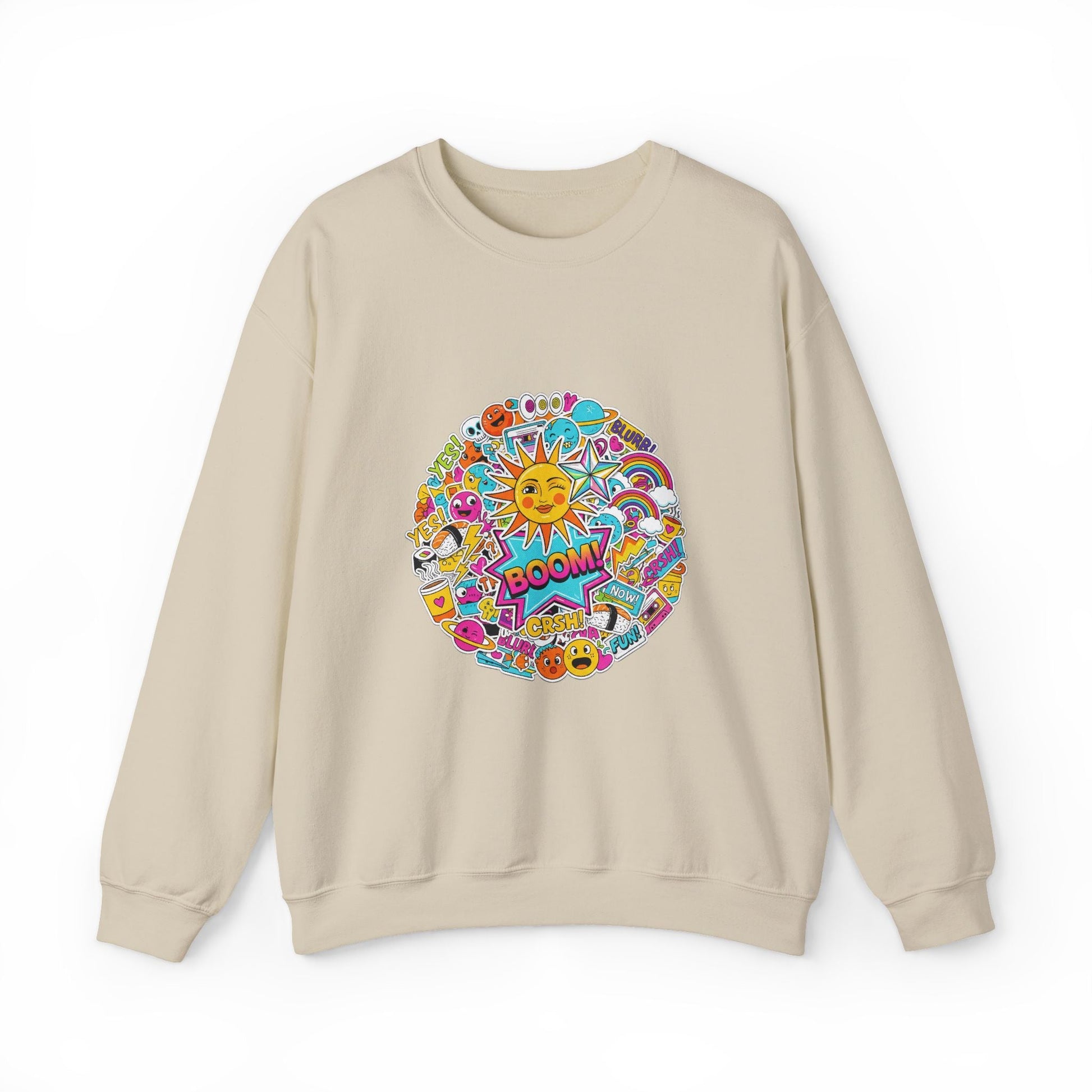 Sticker Bomb Sun Collage Crewneck Sweatshirt | collage art, graphic doodles - AKYCO