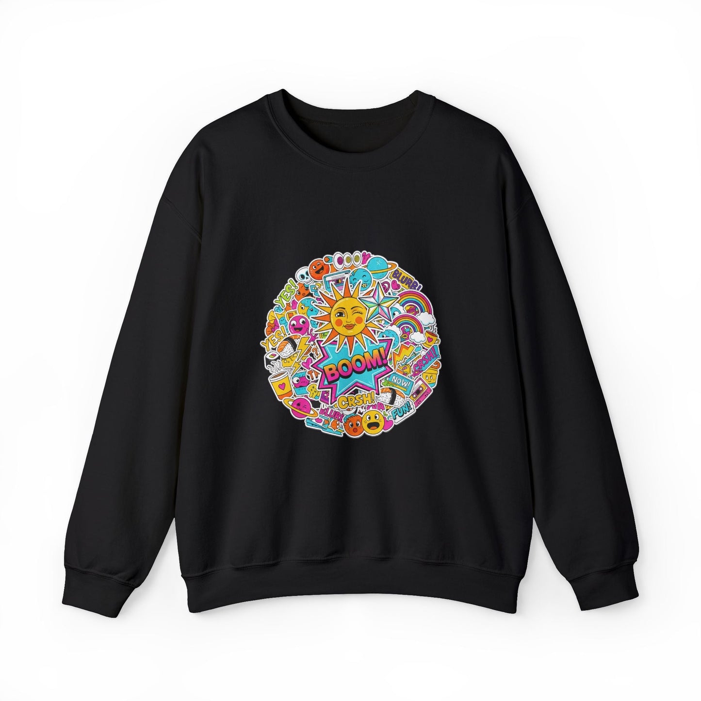 Sticker Bomb Sun Collage Crewneck Sweatshirt | collage art, graphic doodles - AKYCO