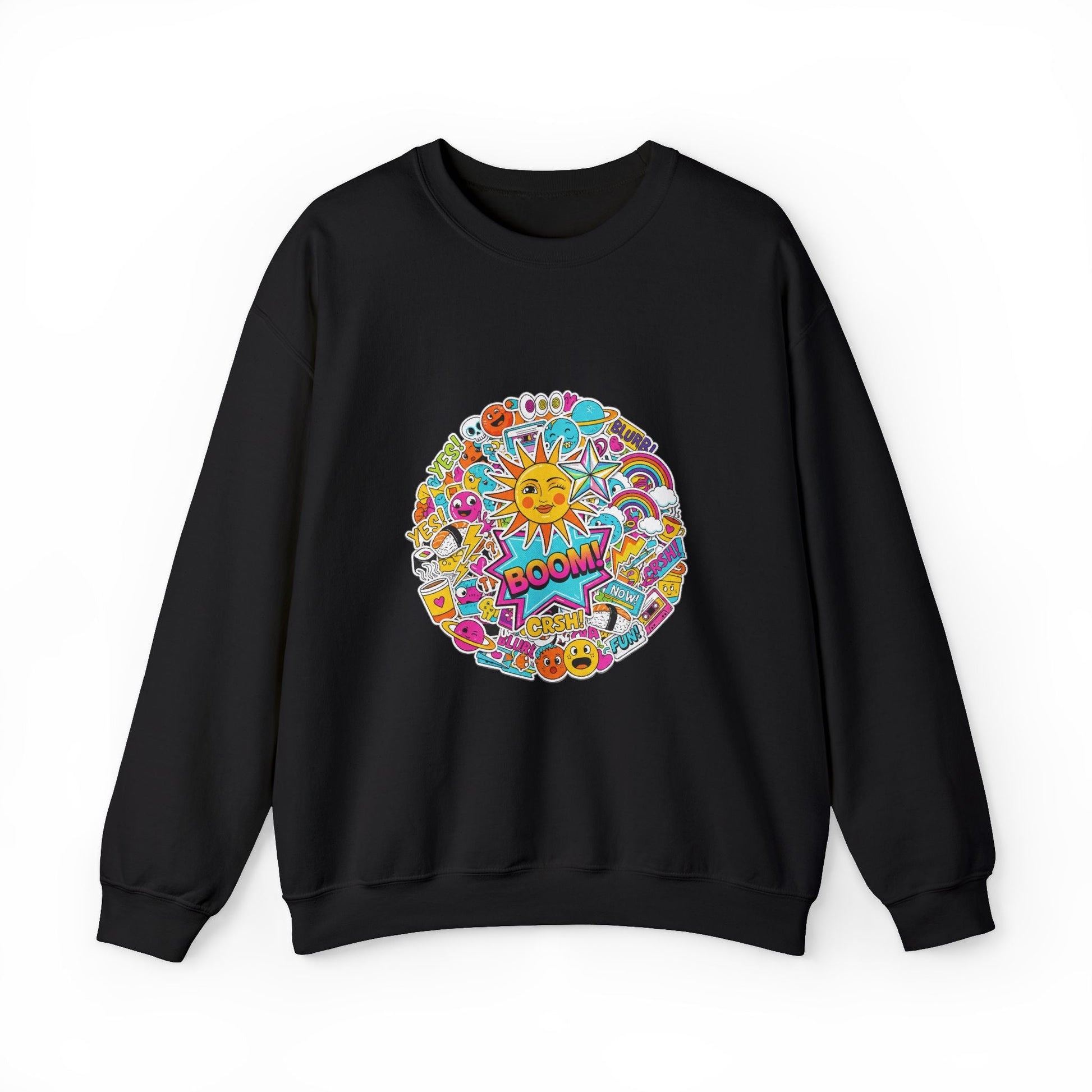 Sticker Bomb Sun Collage Crewneck Sweatshirt | collage art, graphic doodles - AKYCO