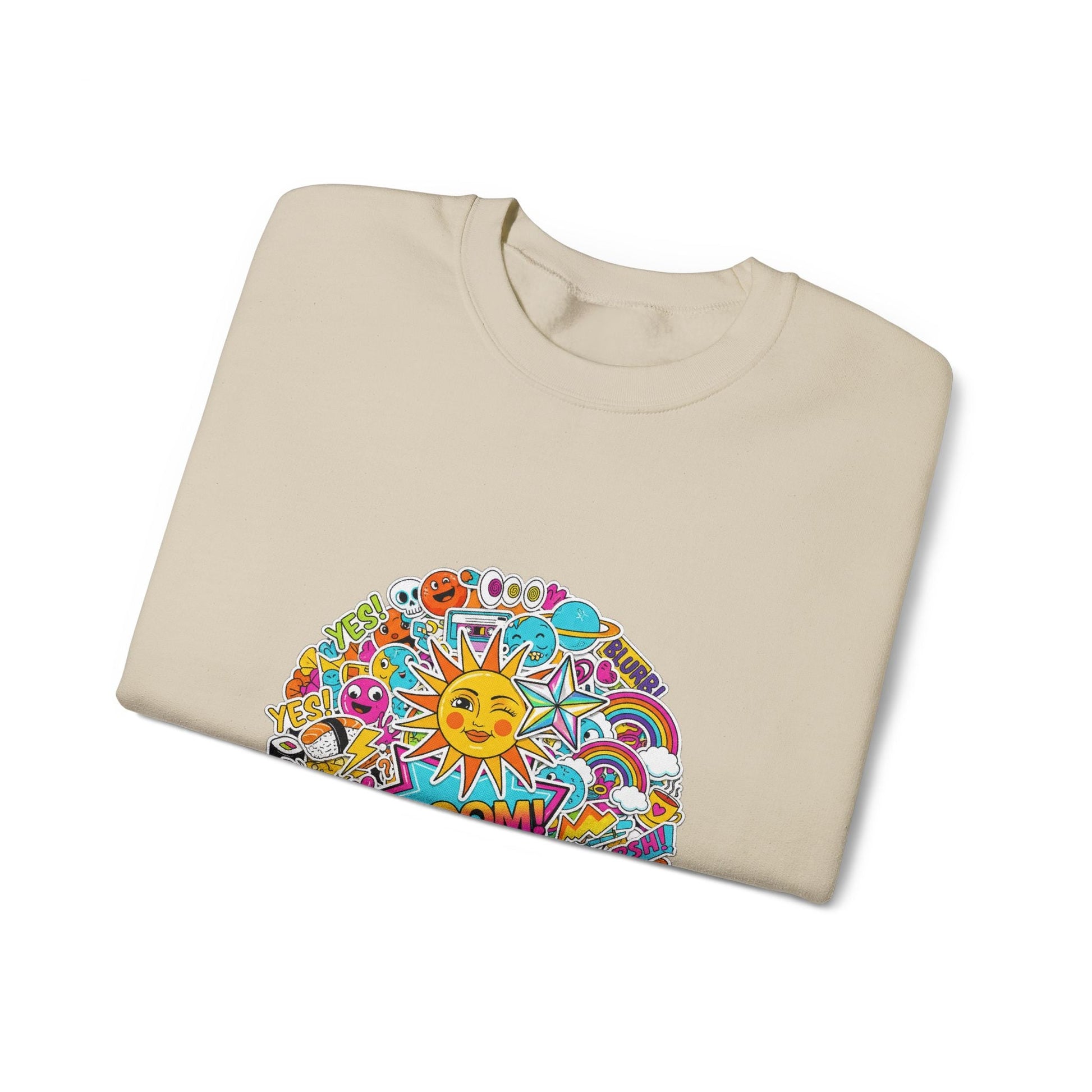 Sticker Bomb Sun Collage Crewneck Sweatshirt | collage art, graphic doodles - AKYCO