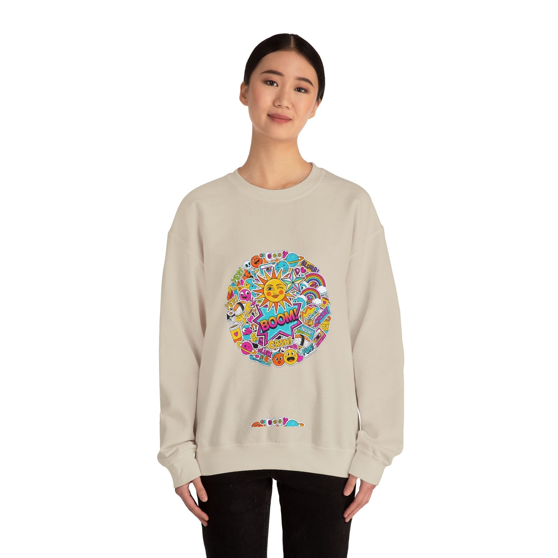Sticker Bomb Sun Collage Crewneck Sweatshirt | collage art, graphic doodles - AKYCO