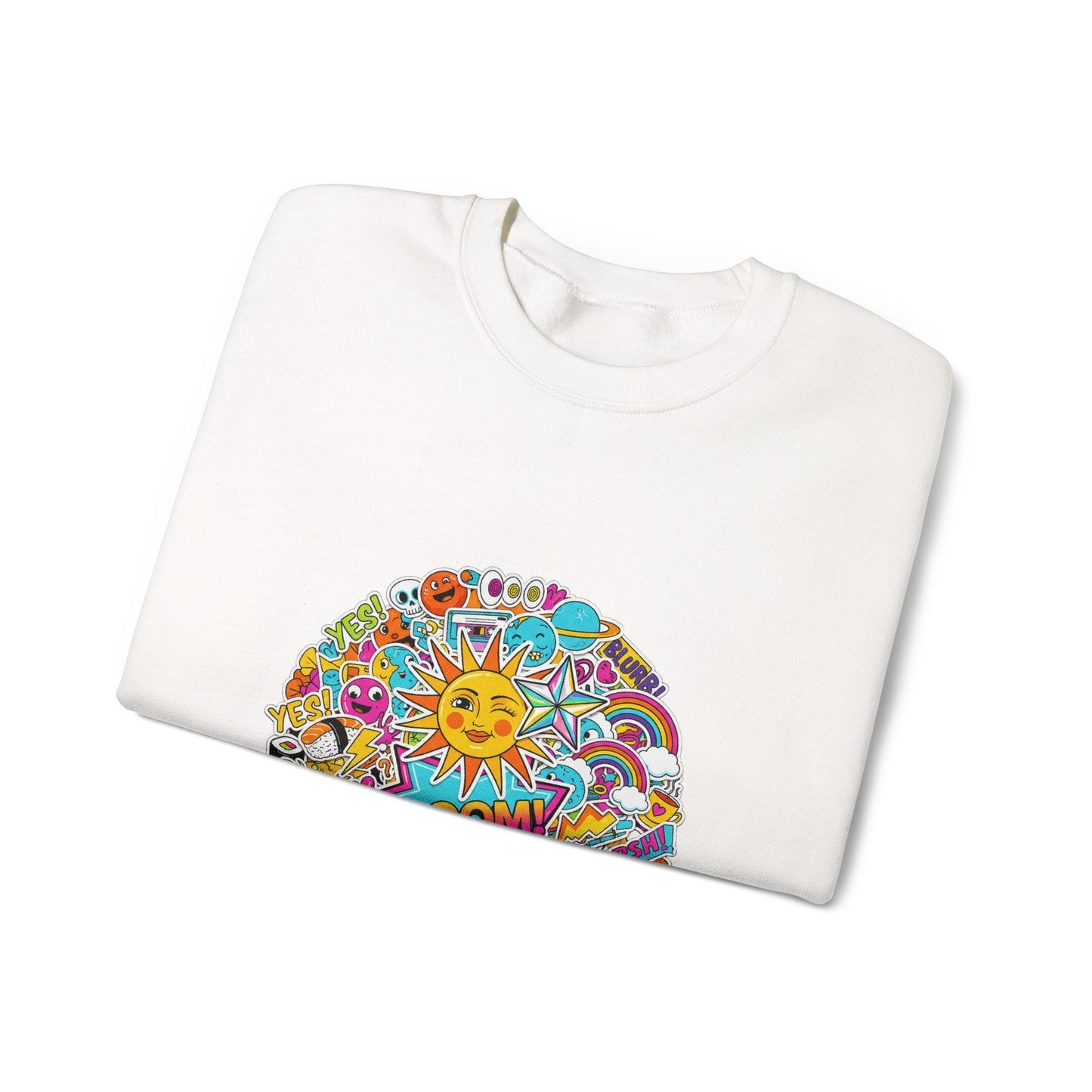Sticker Bomb Sun Collage Crewneck Sweatshirt | collage art, graphic doodles - AKYCO