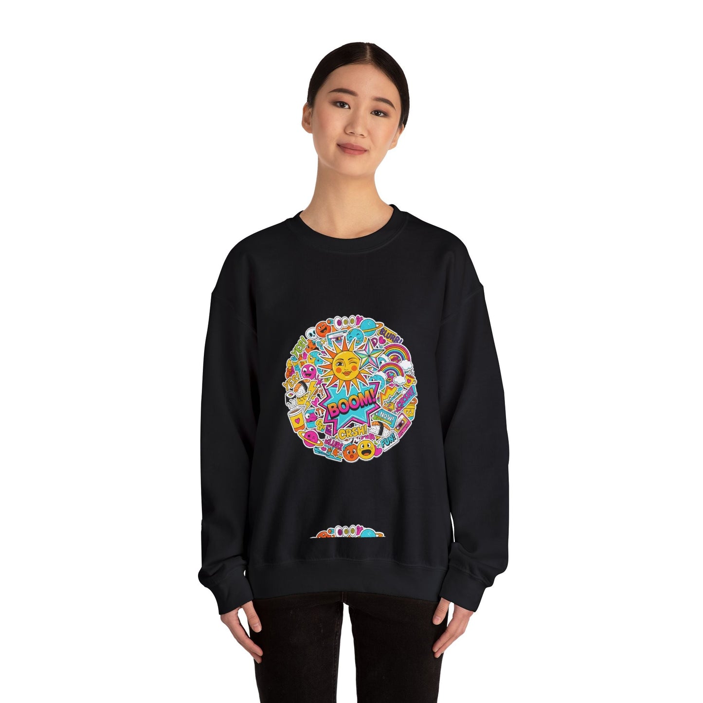 Sticker Bomb Sun Collage Crewneck Sweatshirt | collage art, graphic doodles - AKYCO